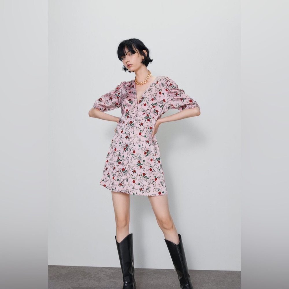 Zara Floral Satin Puff Sleeves Dress M